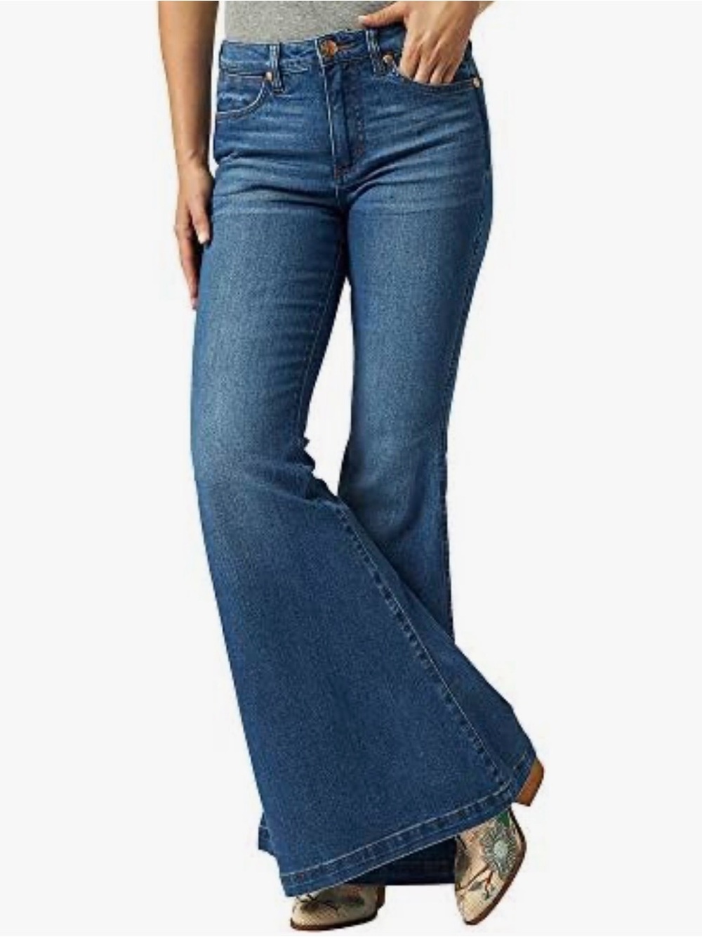 Wrangler Retro Premium Trumpet Flare Blue Denim Jeans with Gold Logo Stitching